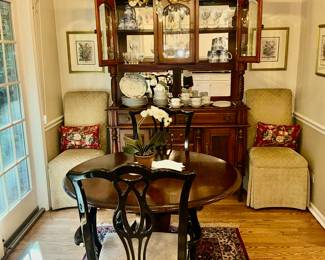 Bistro table , 2  black arm chairs, 2 tan slipper chairs , 