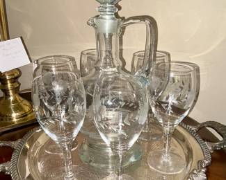 Vintage, etched stemware, matching decanter