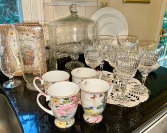 Fine bone china footed mugs. crystal stemware