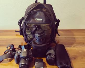 CANON - CAMERA SET & ASSESSORIES W/ CASES & TRAVEL NAPSACK - $150
