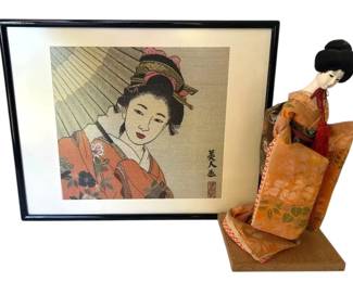 22.5 x 18 Framed Asian Textile Art  Doll 