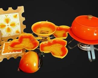 Hazel Atlas MCM Lazy Susan Dip Set, Orange Fondue Pot, Trivets, More