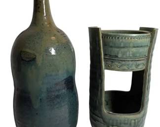 Blue Green Art Pottery Bottle Vase  Candleholder