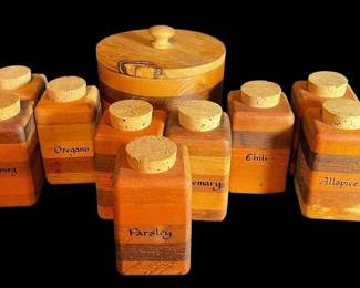 MidCentury Layered Wood Spice Jars W Wooden Canister