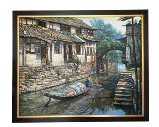 42.5 x 35 Framed Painting of Canal Boat