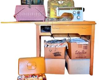 Viking Husqvarna Sewing Machine, Sewing Table, Boxes Of Patterns, Knitting Needles And More 
