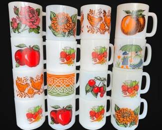 Vintage Red Orange Milk Glass Mugs