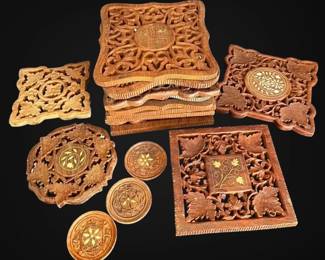 16 Vintage Carved Wooden Trivets