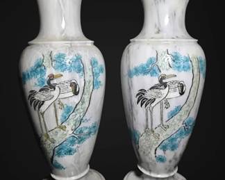 Pair of Marble Vases with Hand Painted Birds