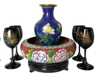 Asian Enamel Cloisonn Bowl, Vases,  Drinking Glasses 
