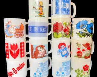 Vintage Red Blue Milk Glass Mugs