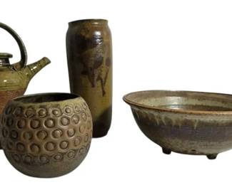 Brown Green Pottery Pieces, Signed