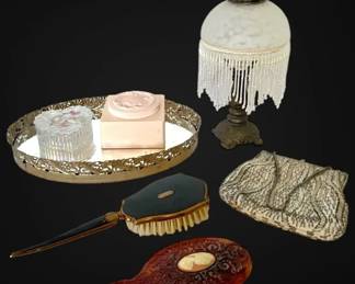 Vintage Vanity Decor Lamp, Mirrored Tray, Handheld Mirrors, Purse,  Trinket Boxes