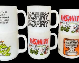 Humorous Vintage Milk Glass Mugs