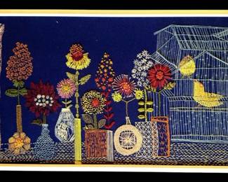 Framed Crewel with Bird Cage Flowers