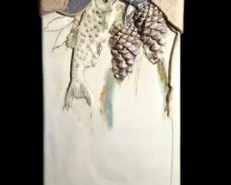 Large Art Pottery Vase Signed With Birds, Fish, Leaves Feathers
