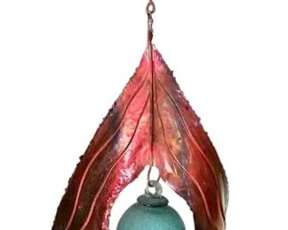 Copper Leaf Hanging Sculpture with Blue Glass Ball Spinner