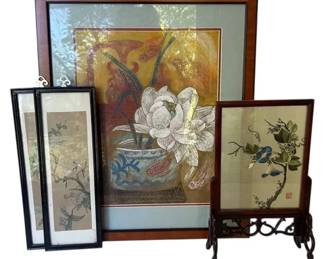 24 x 20 Framed Asian Print, Silk Embroidery Piece,  More Art
