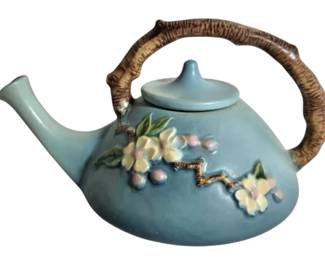 Roseville Pottery Blue Apple Blossom Teapot with Branch Handle