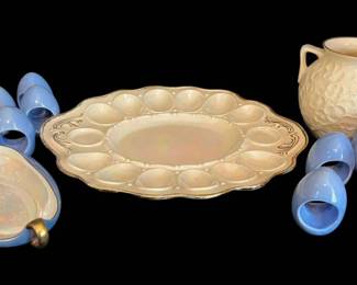 Iridescent Bavarian Porcelain Dish, Lenox Vase, Egg Tray, Blue Napkin Rings