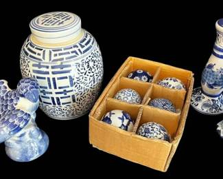 Chinoiserie Blue White Porcelain Parrot, Ginger Jar, Candle Holders,  Decorative Balls 