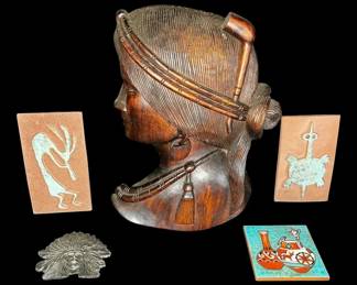 Hand Carved Wooden Head, Native American Signed Pottery Wall Hangings, More