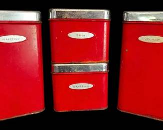 Vintage Red Metal Coffee Tea Canister Set