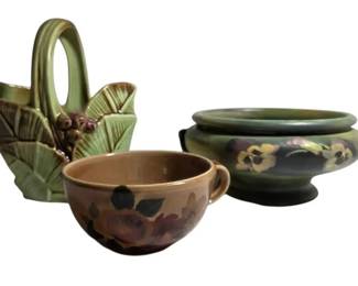 Weller Pottery Handpainted Pansy Planter, McCoy Palm Leaf Basket Rose Cup