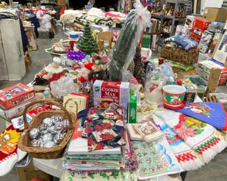 tons of Christmas decor including vintage ceramic Christmas trees