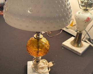 vintage hobnail milk glass table lamp with an amber glass base