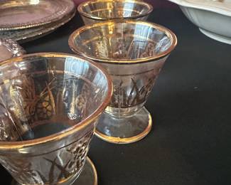 vintage etched glass cordial glasses with gold trim