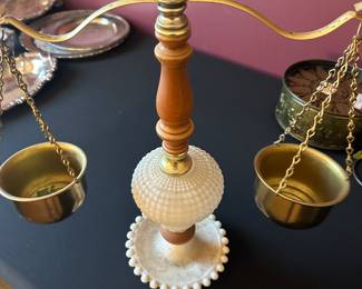 vintage mid-century hobnail milk glass and brass balance scale with an eagle finial