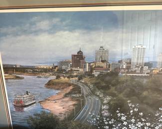Framed print of the Memphis, Tennessee, skyline and riverfront by artist Louise Dunavant