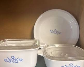 CorningWare dishes in the "Blue Cornflower" pattern