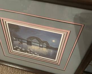 Framed print by Memphis artist E. Louise Dunavant, featuring a scene of the Memphis Riverside at night.