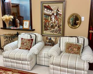 Sherrill Living Room Rolled Arm Chairs - Framed Crewel Embroidered Needlepoint.