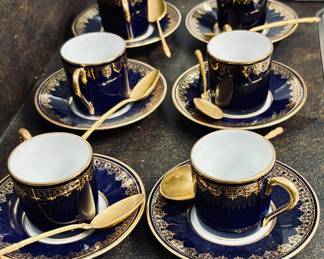 Antique French espresso cups w/Saucers and Spoons. Total 18 Pcs.
