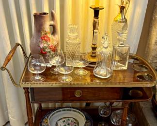 Mid Century Italian Rolling Bar Cart/Serving Cart. Mid Century Decanters - Mid Centiury Leopard Print Candlestick Lamp. Vintage Pottery Pitcher - Vintage Amari Ware.