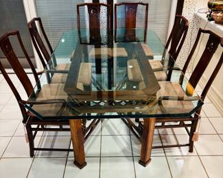 Beveled Glass Asian inspired Dining Table. and 1980s White Furniture Mandarin Mahogany & Burl Ming Chinoiserie Dining Chairs
