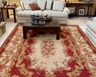 6 x 9 Hand woven French Aubusson Needle point 100% wool Area rug - Large Square Walnut Mid Century Coffee Table - Pin Stripped Sherrill Living Room Sofa.