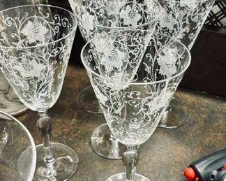 Set of Needle Etched Crystal Wine Glasses.