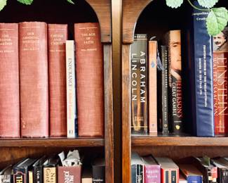 Wood Bookshelves (2) and Large Selection of Books.