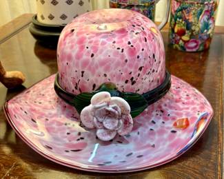 Vintage Pink Block Crystal Glass Polished Hat Bowl.