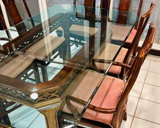 Beveled Glass Asian inspired Dining Table. and 1980s White Furniture Mandarin Mahogany & Burl Ming Chinoiserie Dining Chairs