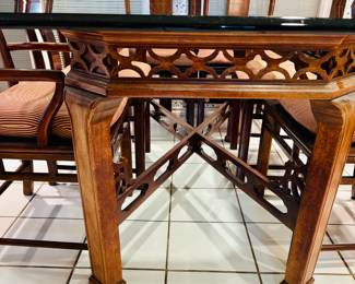 Beveled Glass Asian inspired Dining Table. and 1980s White Furniture Mandarin Mahogany & Burl Ming Chinoiserie Dining Chairs