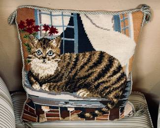 Tabby Cat Needlepoint Art Pillow