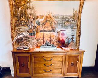 Bobyrug’s Very Pretty Vintage Aubusson Style French Halluin Jaquar Tapestry - Customizable Mid-century Neoclassical sideboard / dresser / TV stand