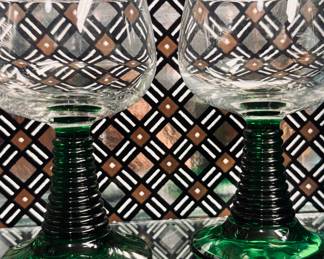 Vintage 1970's French Alsace Wine Glasses with Green Swirling Stems