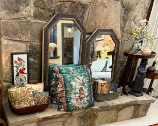Mid Century Wall Mirrors. Vintage End Tables. Vintage Needlepoint Pillows.