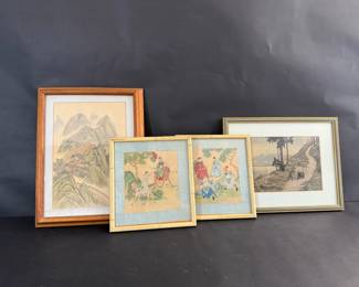 a4 Framed Asian Prints and Paintings, including Silk Print of Mount Fuji